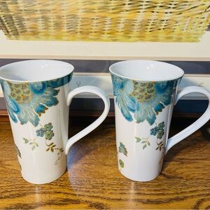 Set of 2 Large 222 Fifth Eliza Teal Floral Blue and White Mugs 6 1/4” tall